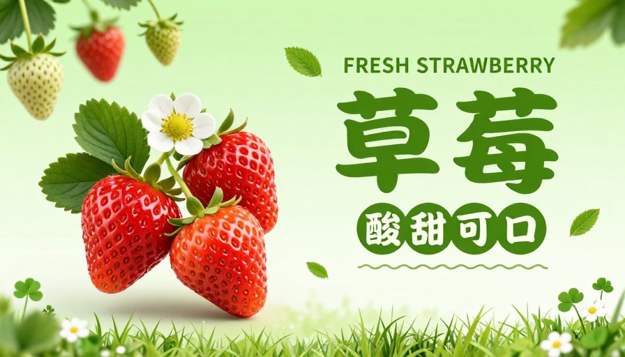 清新田园风草莓海报:饱满鲜红与健康自然的视觉盛宴