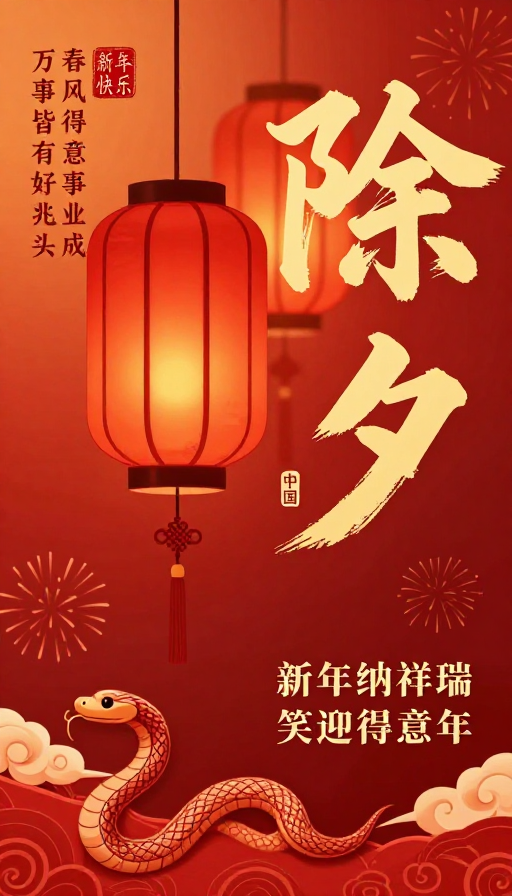 红色渐变除夕插画:喜庆灯笼与吉祥祝福