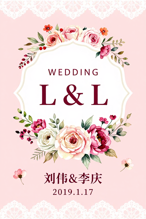 水彩浪漫婚礼邀请函：粉色调花卉与优雅设计