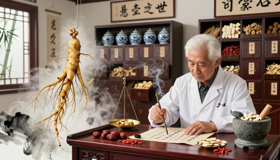 传统中药氛围：水墨人参与古法药房