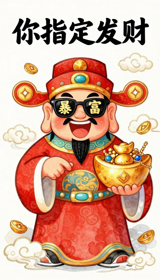 暴富财神：红色水彩祥云背景现代财神插画