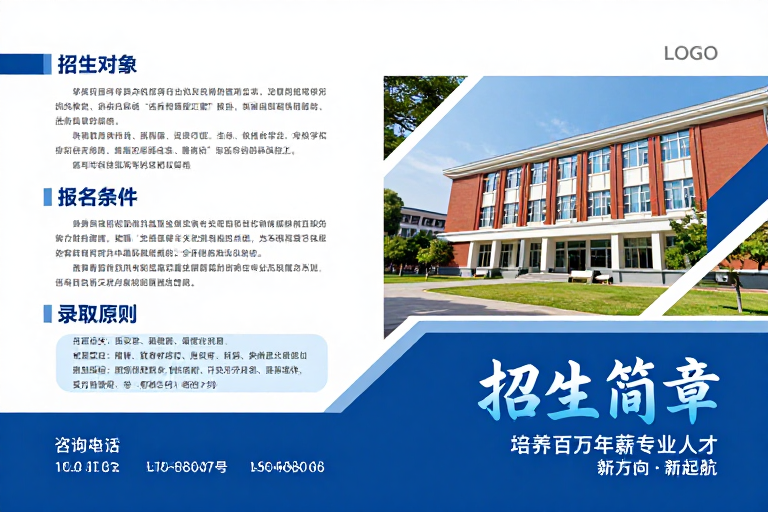 高校招生简章封面设计，蓝白主调展现专业权威