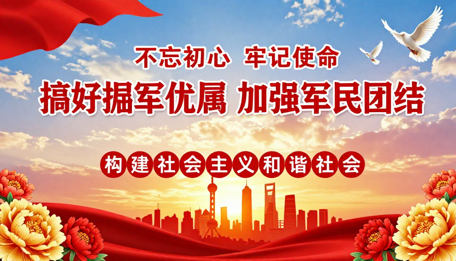 军民团结拥军优属和谐社会的庄严红色海报