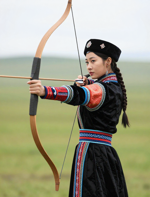 锡伯族美女身着传统服饰优雅射箭
