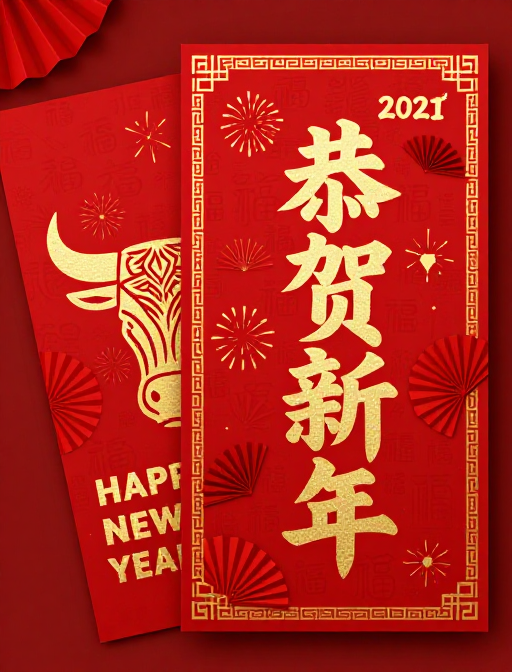 2021牛年春节红色金箔浮雕设计