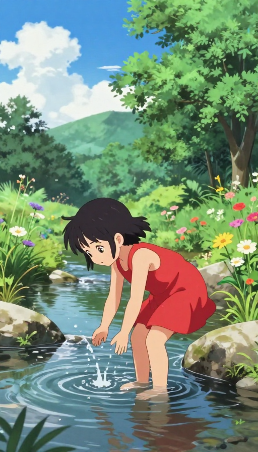 夏日溪边红裙少女玩水，清新日系动漫高清图