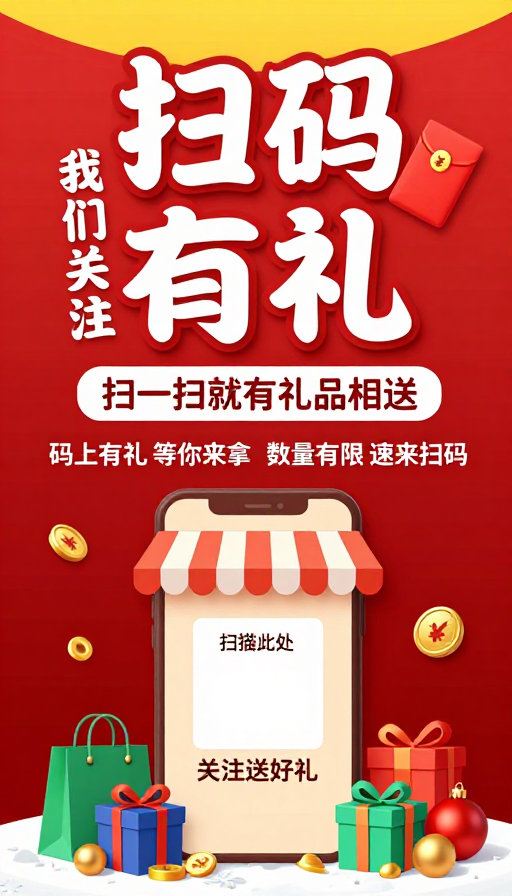 红色节庆扫码有礼促销海报
