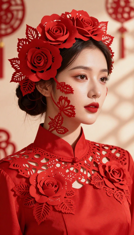 中国新年剪纸艺术:红裙女子脸上的玫瑰与蕾丝光影