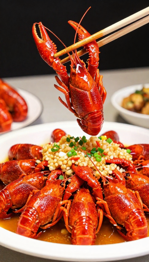 红亮小龙虾动感特写，诱人食欲瞬间定格