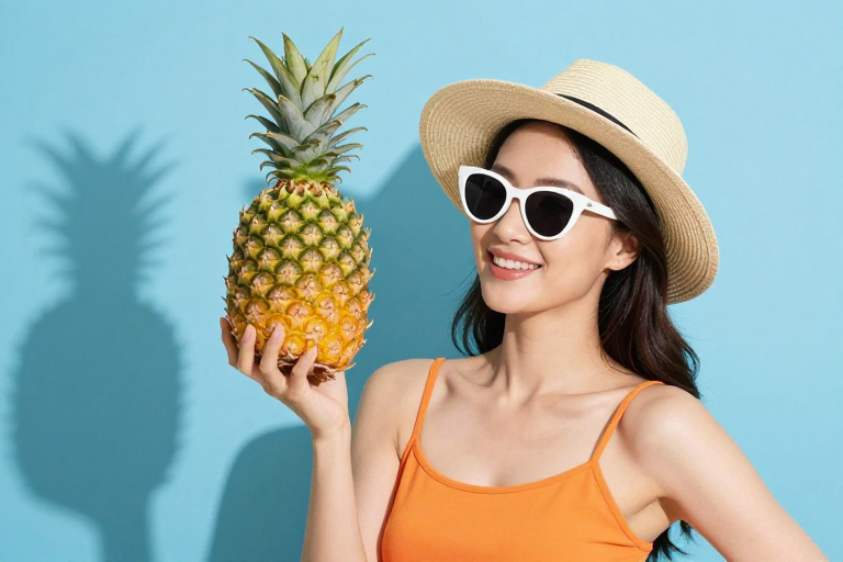 夏日清新：微笑女性与成熟菠萝的诱人广告