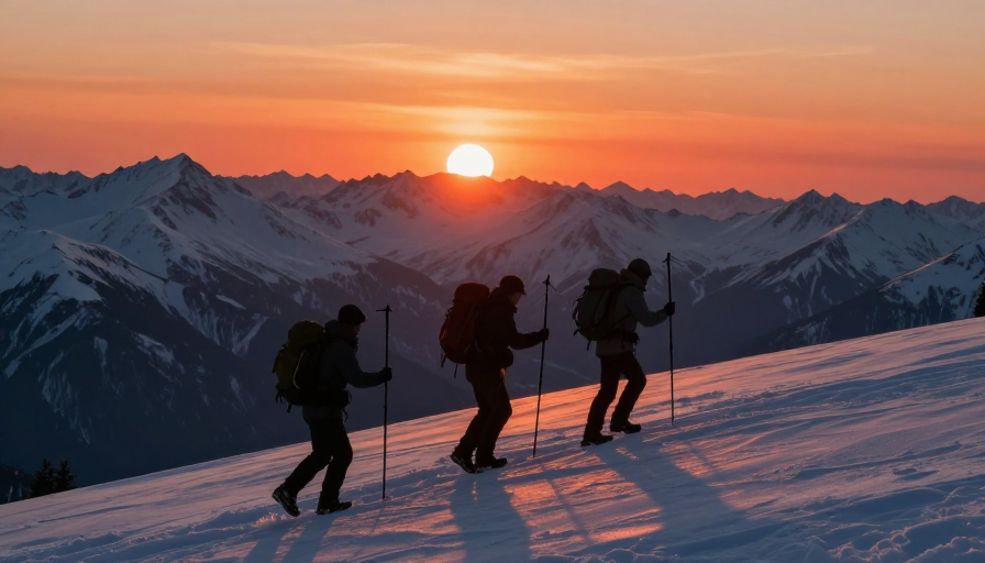 雪脊攀登：冬日暖阳下的探险剪影