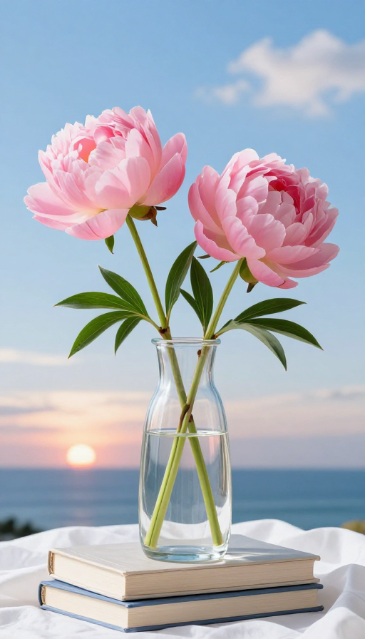 静谧午后：透明花瓶中的粉色芍药与落日海景