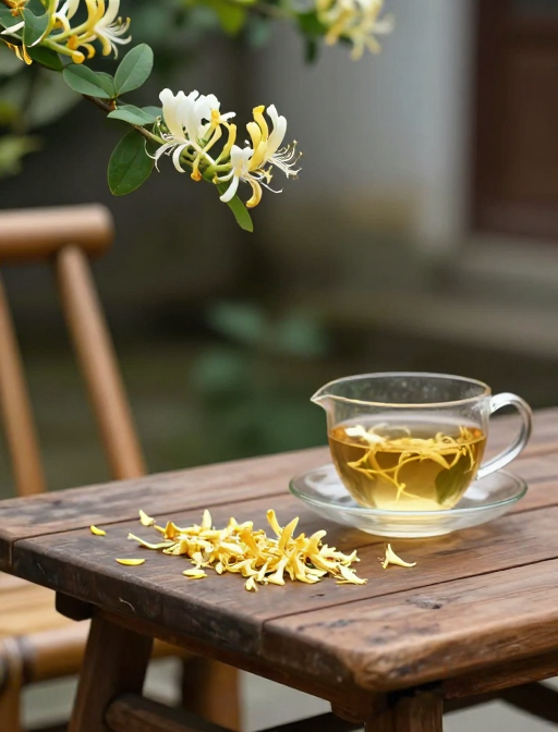 庭院金银花伴茶香，静谧雅趣实景摄影