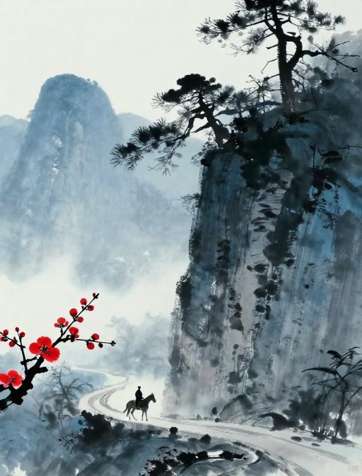 水墨蓝调：古人行旅与远山的诗意剪影