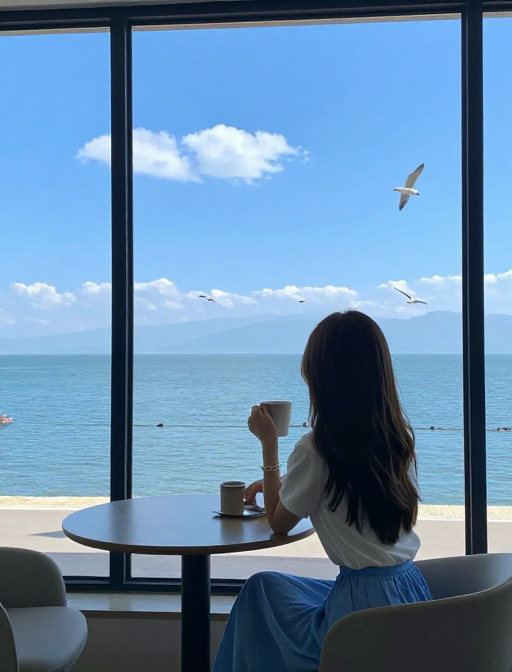 静谧海景：窗前女子凝望大海的诗意瞬间