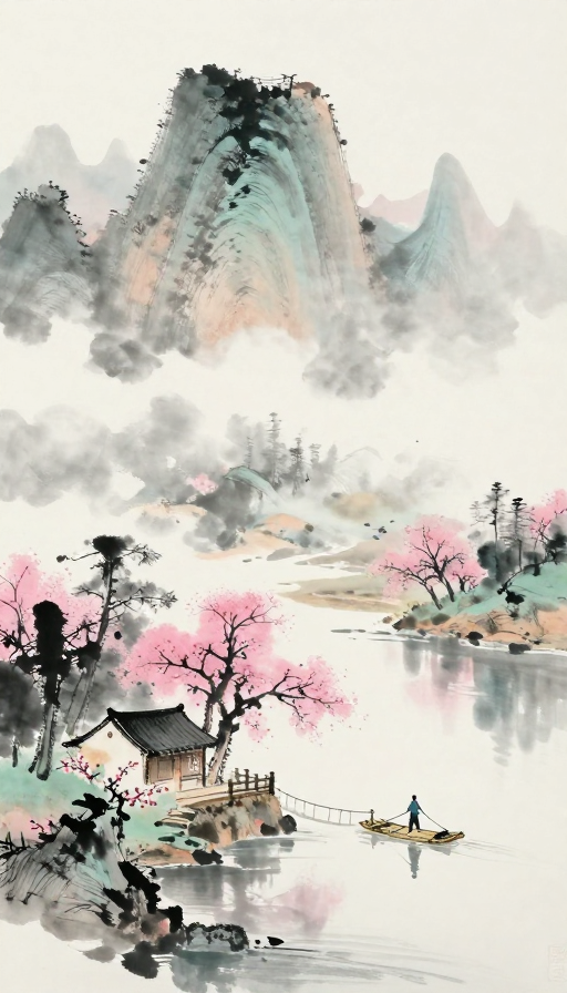 水墨晕染：云雾山峦与古朴水乡的诗意画卷