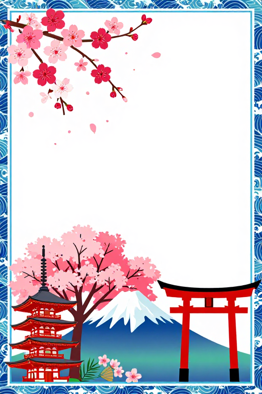 日式浮世绘樱花富士山背景