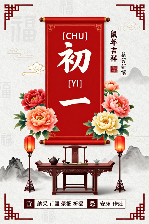 典雅国风新年海报：初一鼠年吉祥图