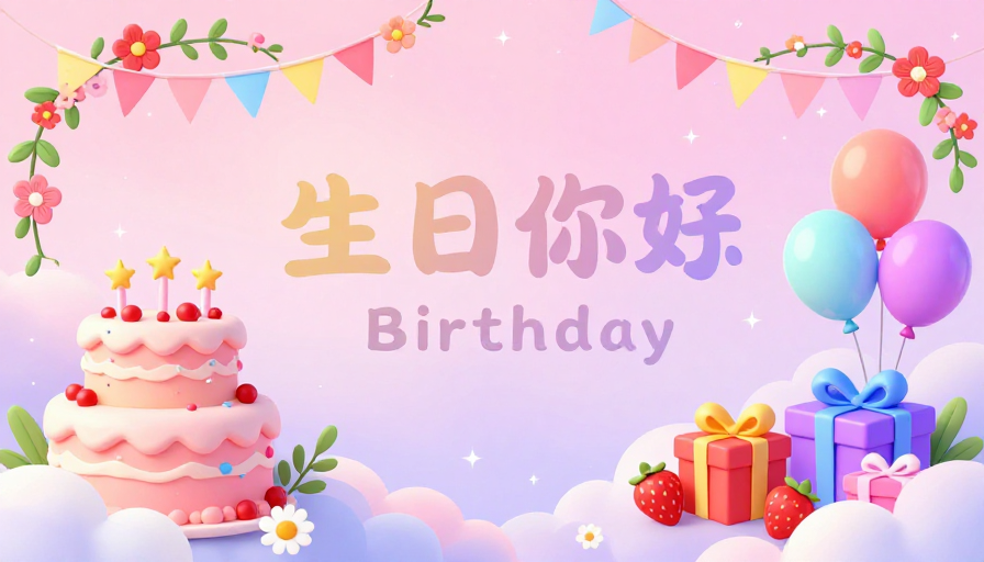 梦幻粉紫生日插画：星光云朵下的甜蜜庆典