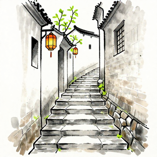 古巷春景：灯笼与发芽绿叶的水粉画韵