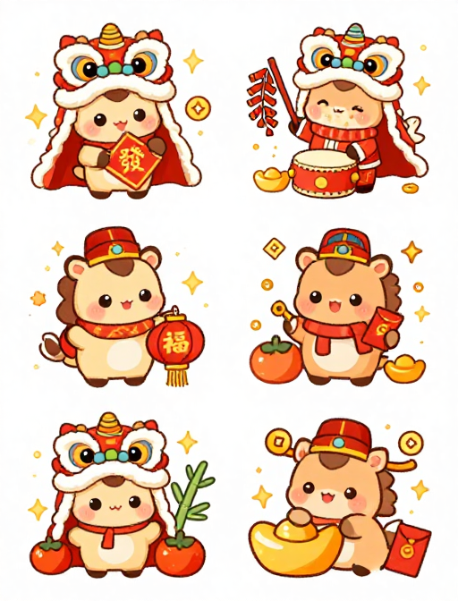 国潮新年：六只可爱小马的喜庆插画