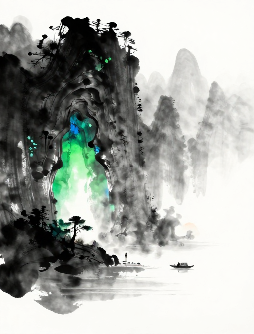 孤舟墨韵:黑白山水间的流动诗意