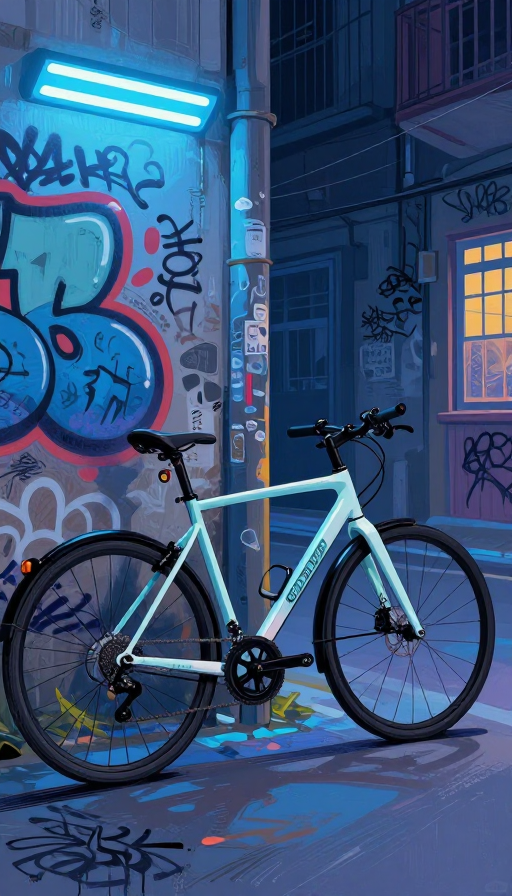 霓虹光影下的时尚现代插画自行车
