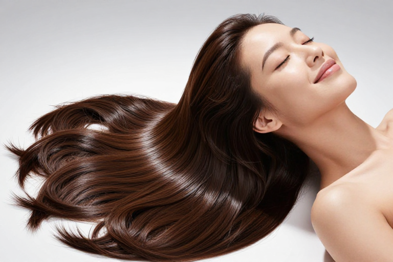 柔顺黑发映自然光，亚洲女性微笑展现健康光泽