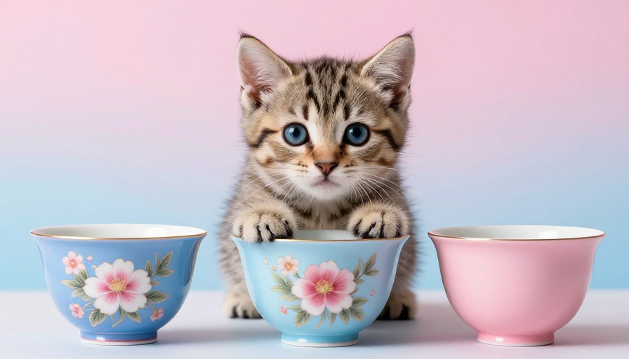 萌趣宠物杯：虎斑猫与彩色陶瓷杯的柔光写真