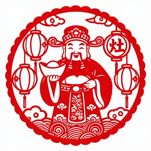 红白剪纸财神插画：传统节庆喜庆氛围