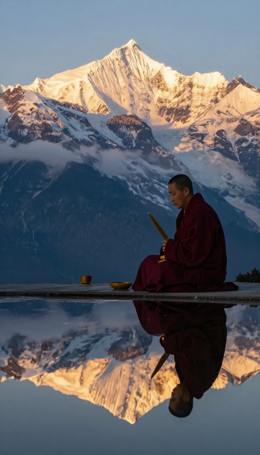 梅里雪山卡瓦格博日照金山奇观：喇嘛念经与倒影的8K摄影记录