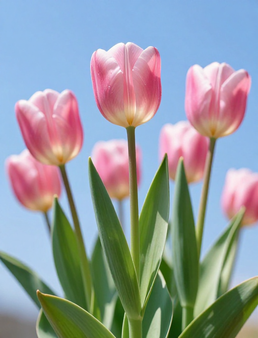 娇嫩粉色郁金香在蓝天白云下绽放