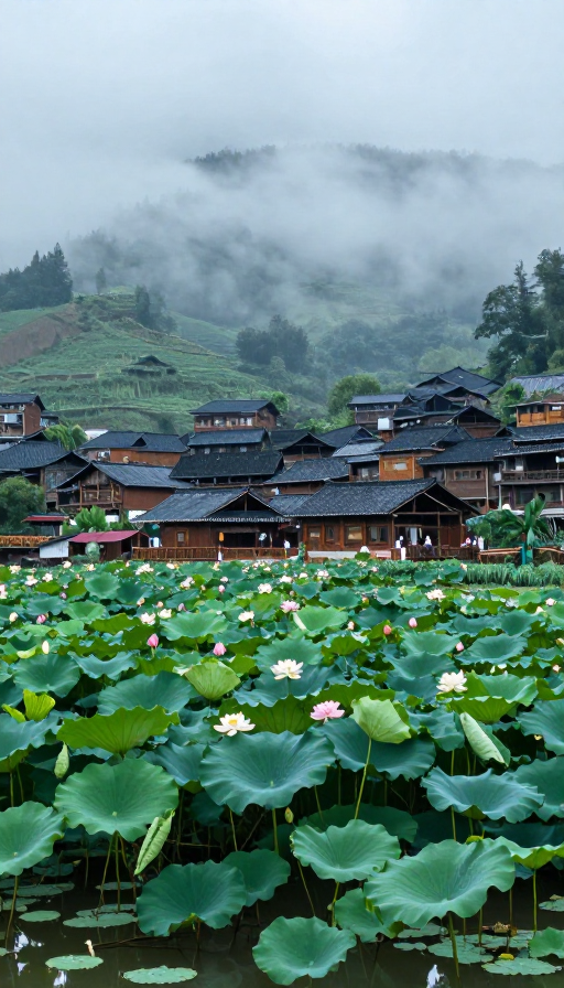 中国山村雨后晨雾中的木屋与荷花
