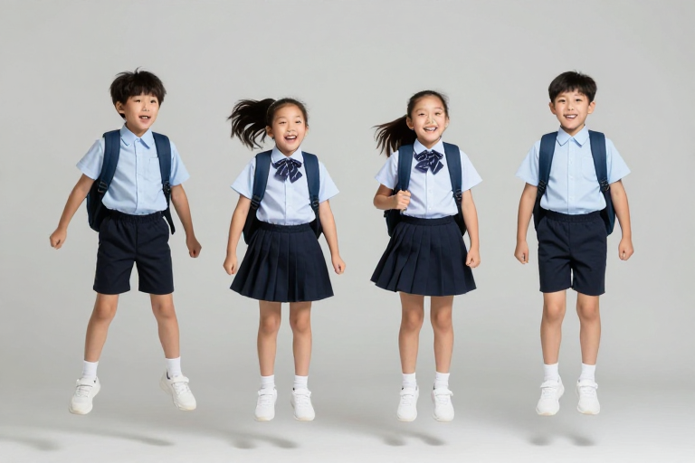 青春童趣：校服小学生在灰色背景前欢跳瞬间