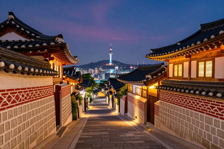 首尔北村夜景:暖灯映古瓦,暮色中的传统之美