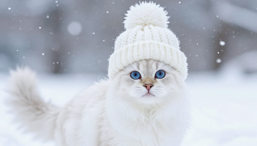 萌翻冬日:蓝白氛围下的雪地萌猫特写