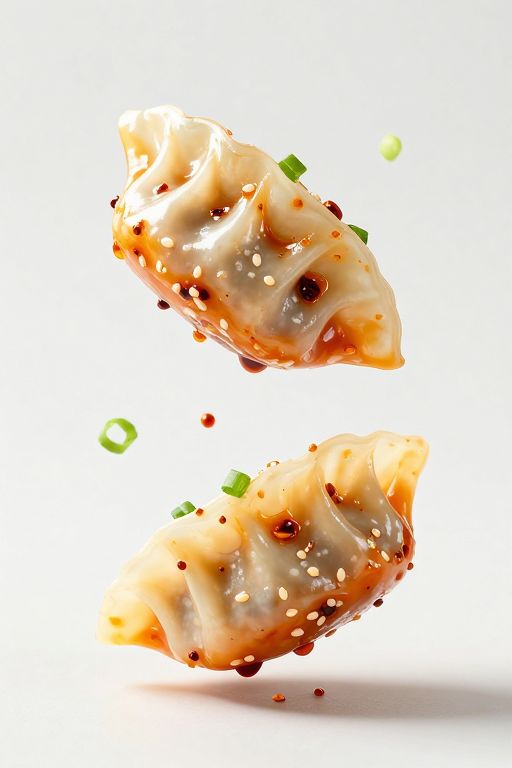 悬浮煎饺美食摄影：晶莹面皮与油润馅料的高清展示