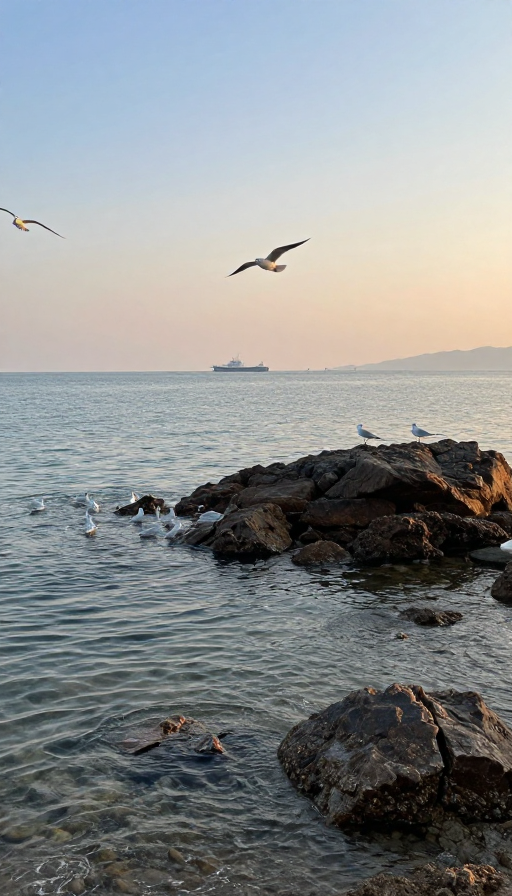 海岩暮色:日落时分的宁静海岸与海鸥
