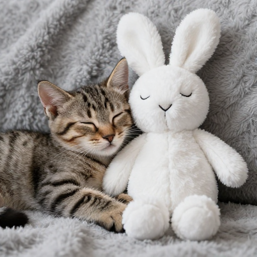 温馨梦境：虎斑猫与毛绒兔共眠时刻