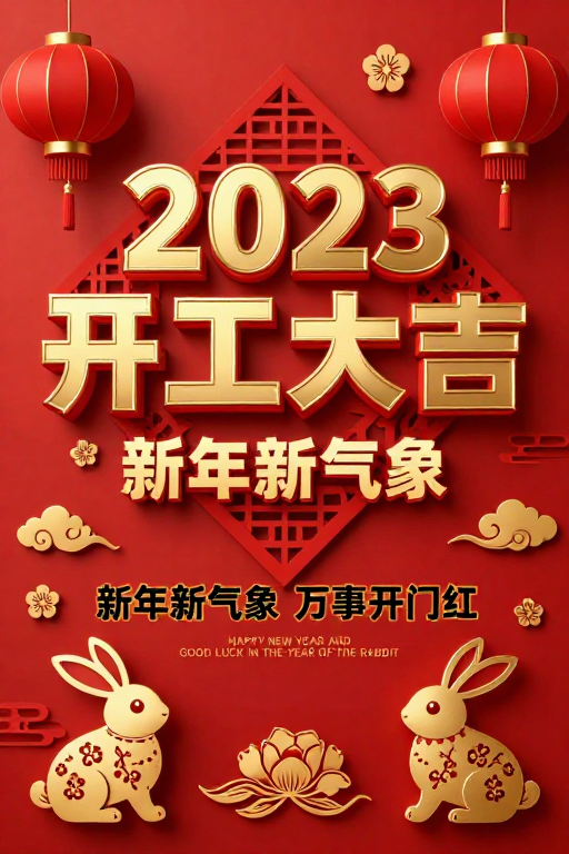 红色中国风2023新年开工大吉海报