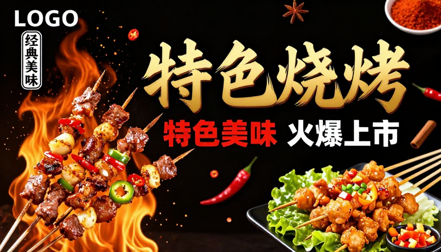 炽热美味：黄金色立体烧烤海报