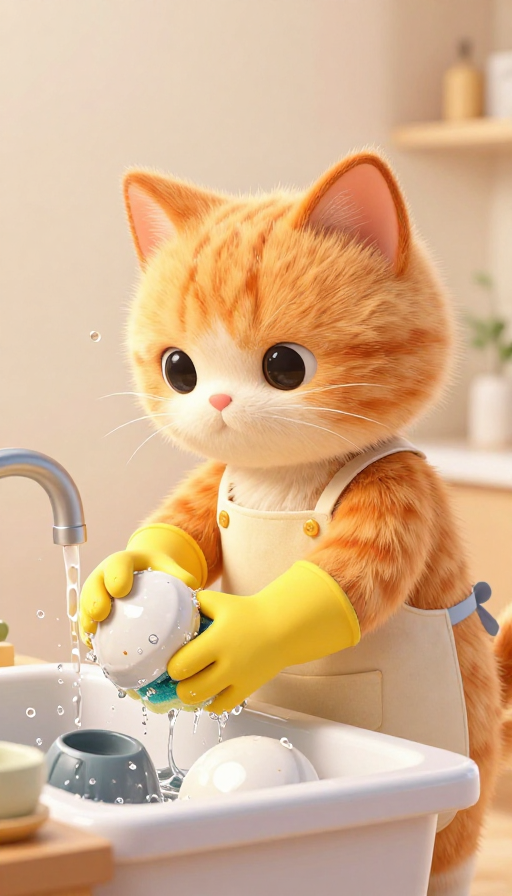 萌趣拟人橘猫：柔软绒毛与闪亮水滴的3D艺术