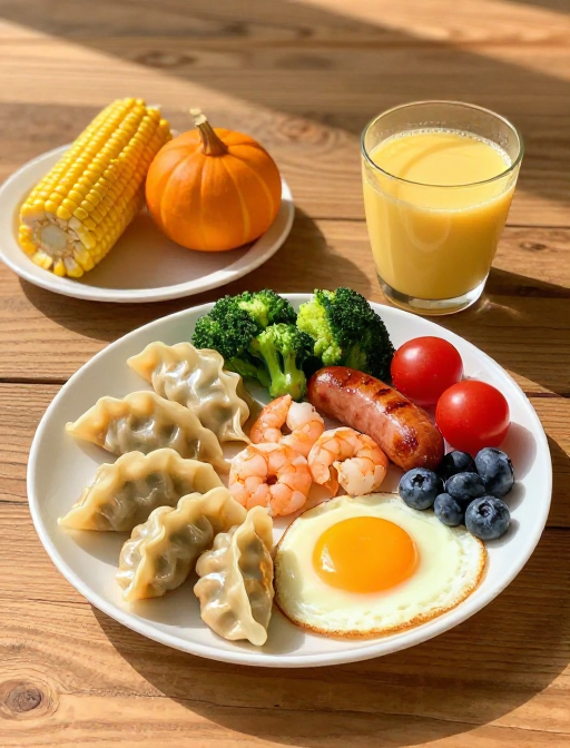 阳光木桌上的丰盛早餐