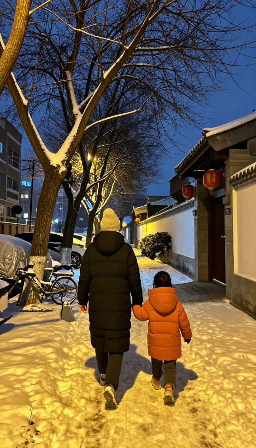冬夜雪巷温情背影:城市人文纪实摄影