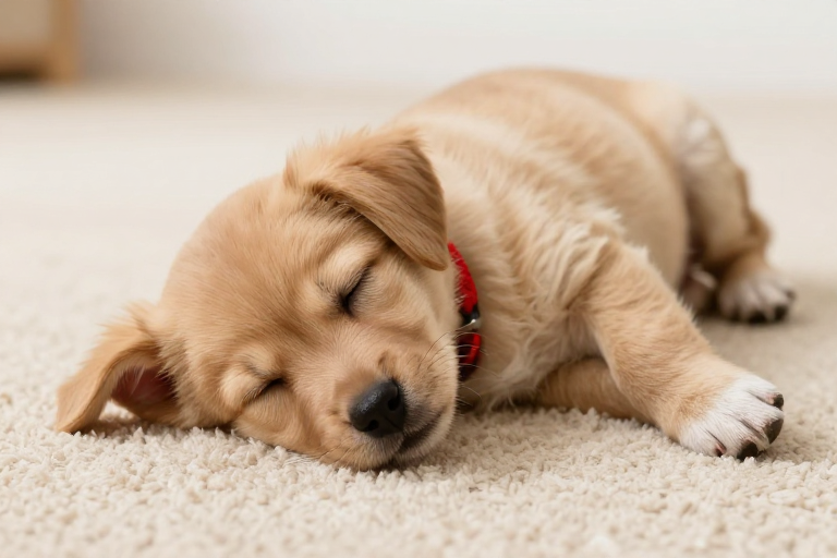 温馨午后:棕褐幼犬在米色地毯上熟睡