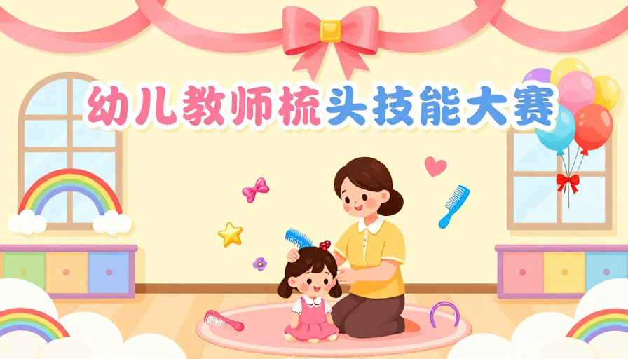 温馨手绘插画:幼儿教师梳头技能大赛氛围图