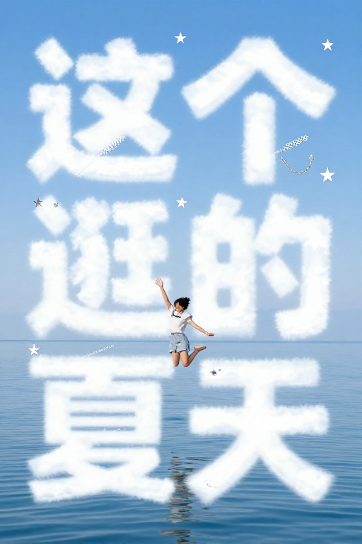 夏日梦幻：极简云朵文字与女孩剪影