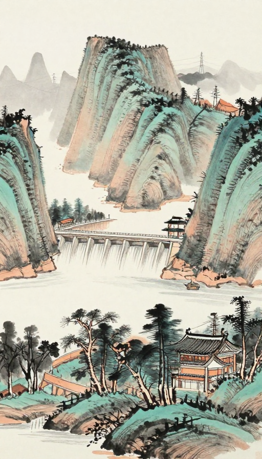 水墨山水与现代化水坝交融的东方意境