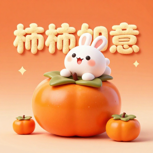Q版小兔趴柿子上，柿柿如意贺新春
