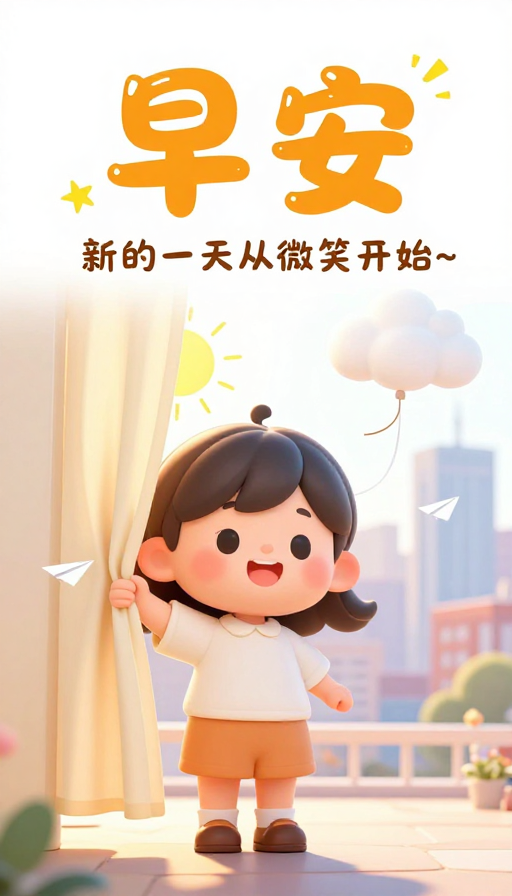Q版3D可爱清晨：卡通手绘早安插画